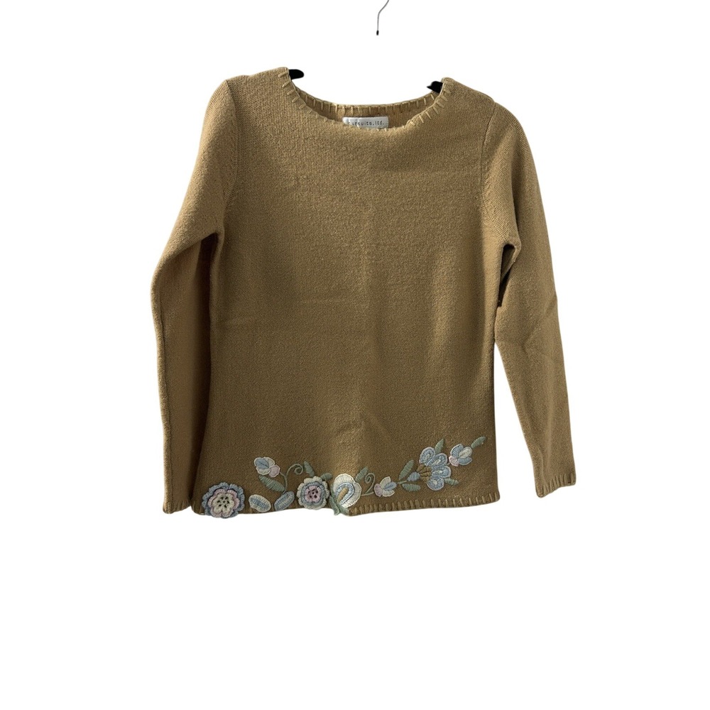 Pursuits Ltd Womens Tan Lambs Wool Sweater Embroidered Flowers Size‎ S